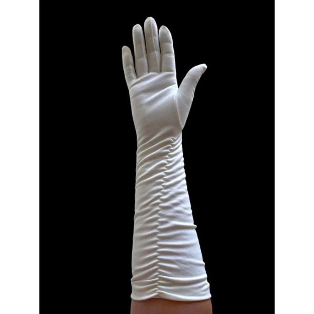 Vintage 1980’s White Ruched Cotton Gloves Formal Prom Costume Size 7